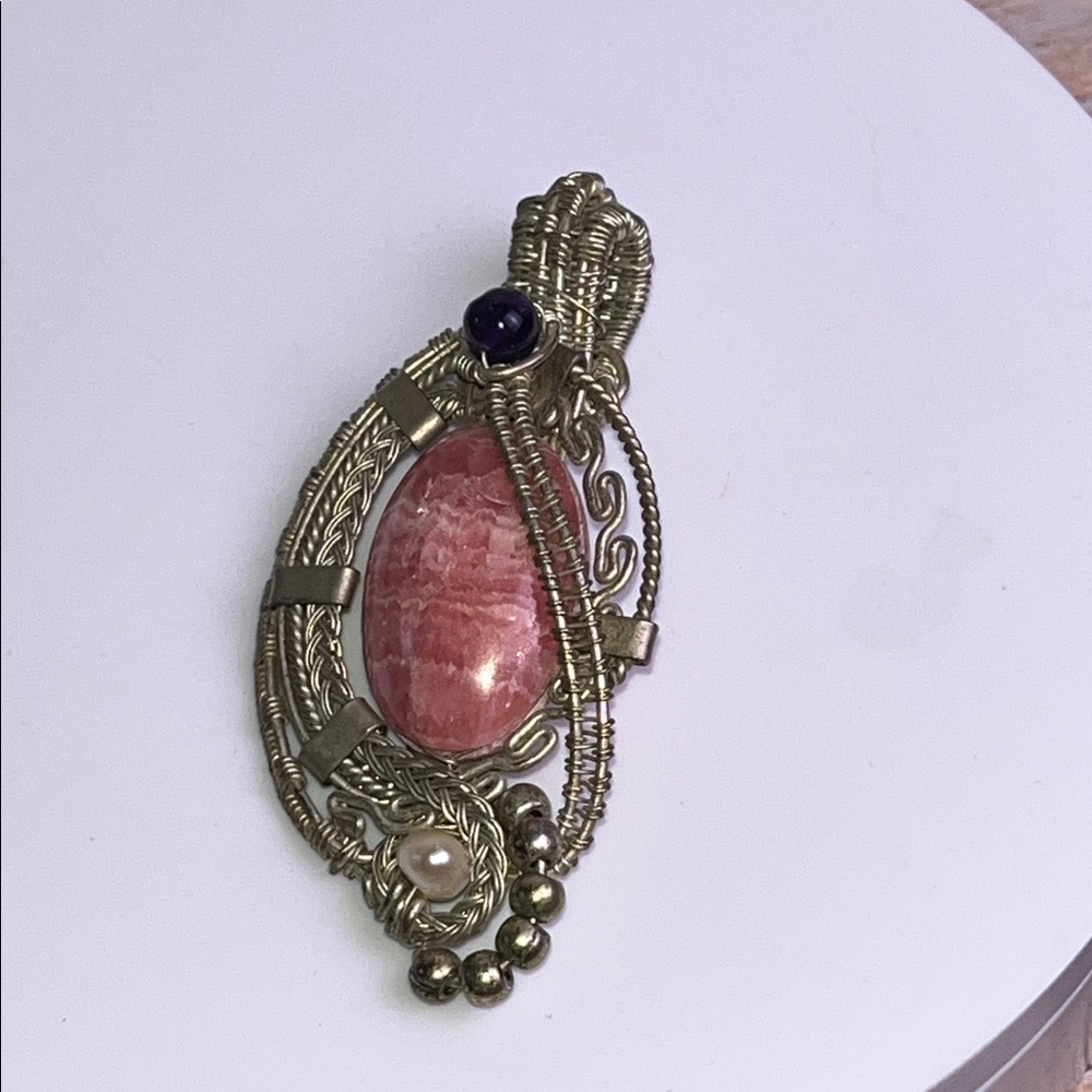 Silver wire wrapped rhodochrosite, amethyst and freshwater pearl pendant